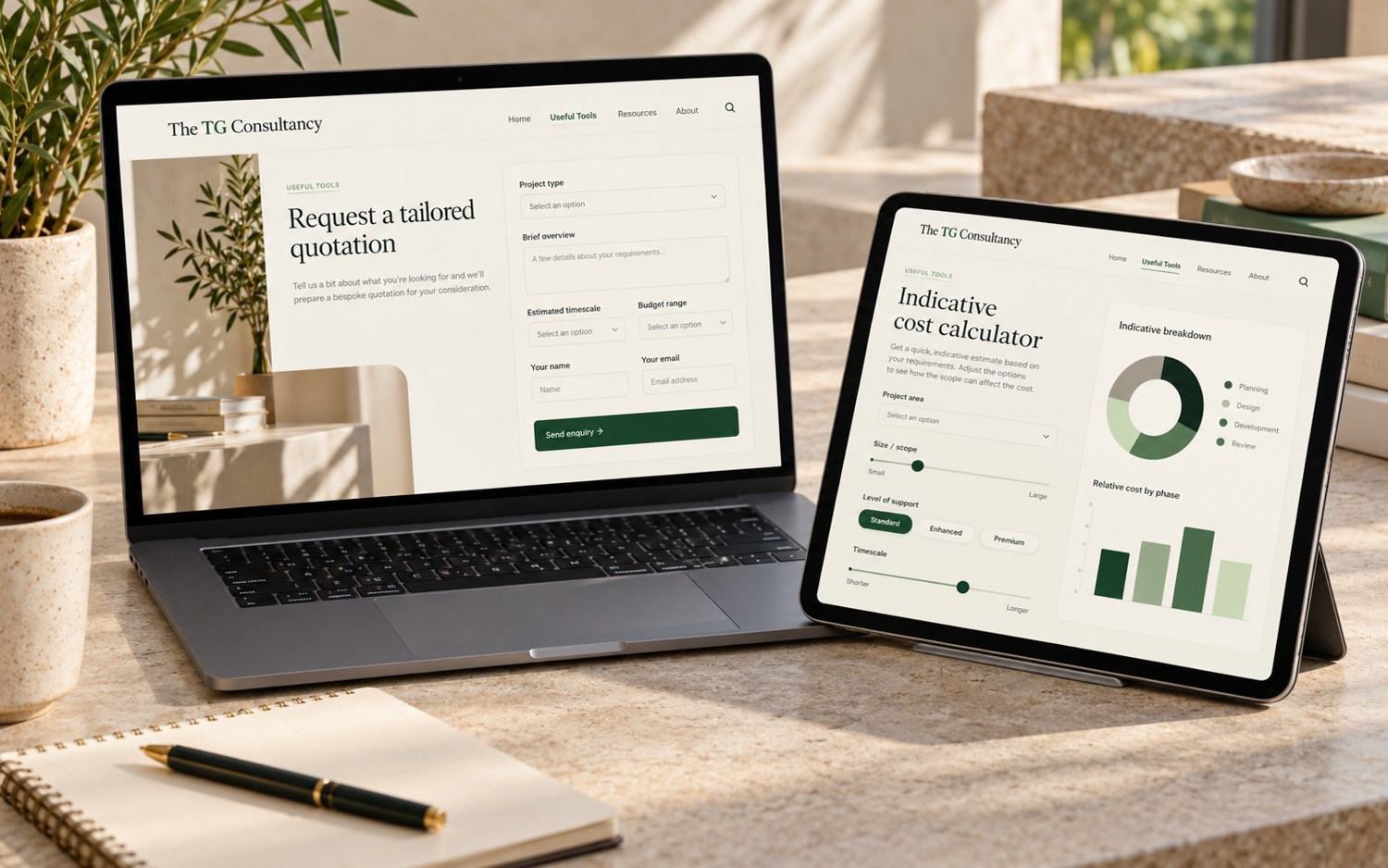 Illustrative quote tool collecting a service, requirements and estimate